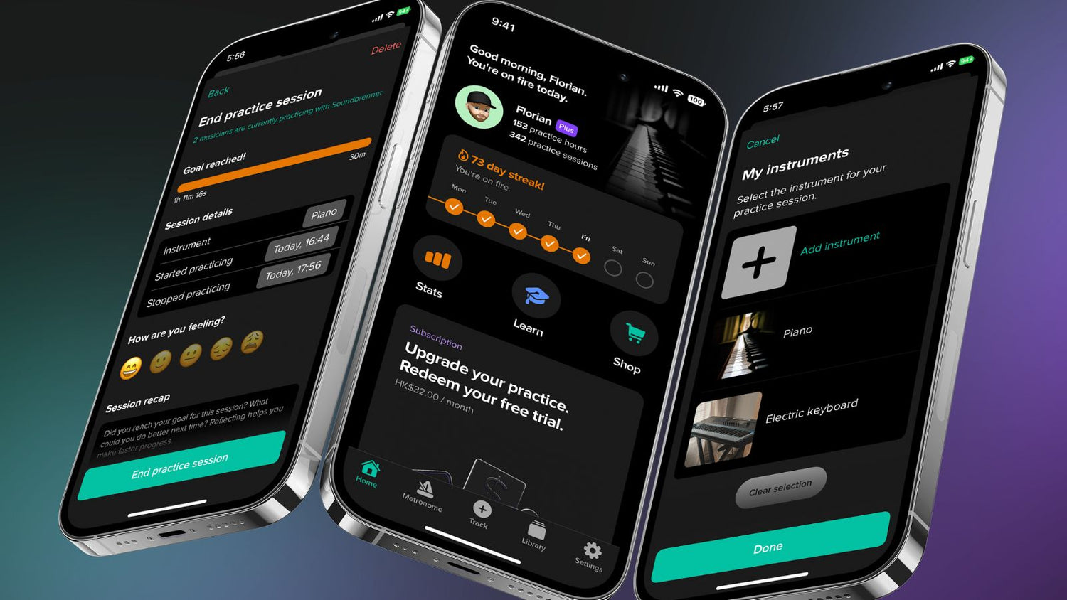 现在可以在 Soundbrenner 的 The Metronome 应用中进行练习跟踪