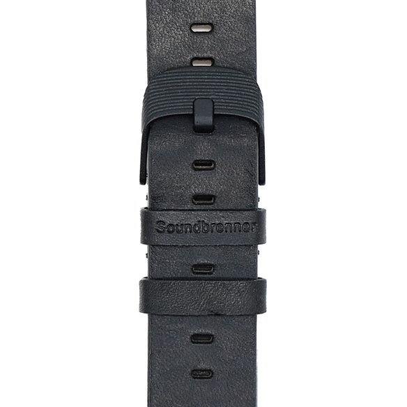 A black leather strap with a buckle, designed for a Soundbrenner Core watch.