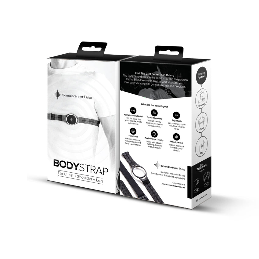 Soundbrenner BodyStrap 包装，展示适用于胸部、肩部和腿部的绑带