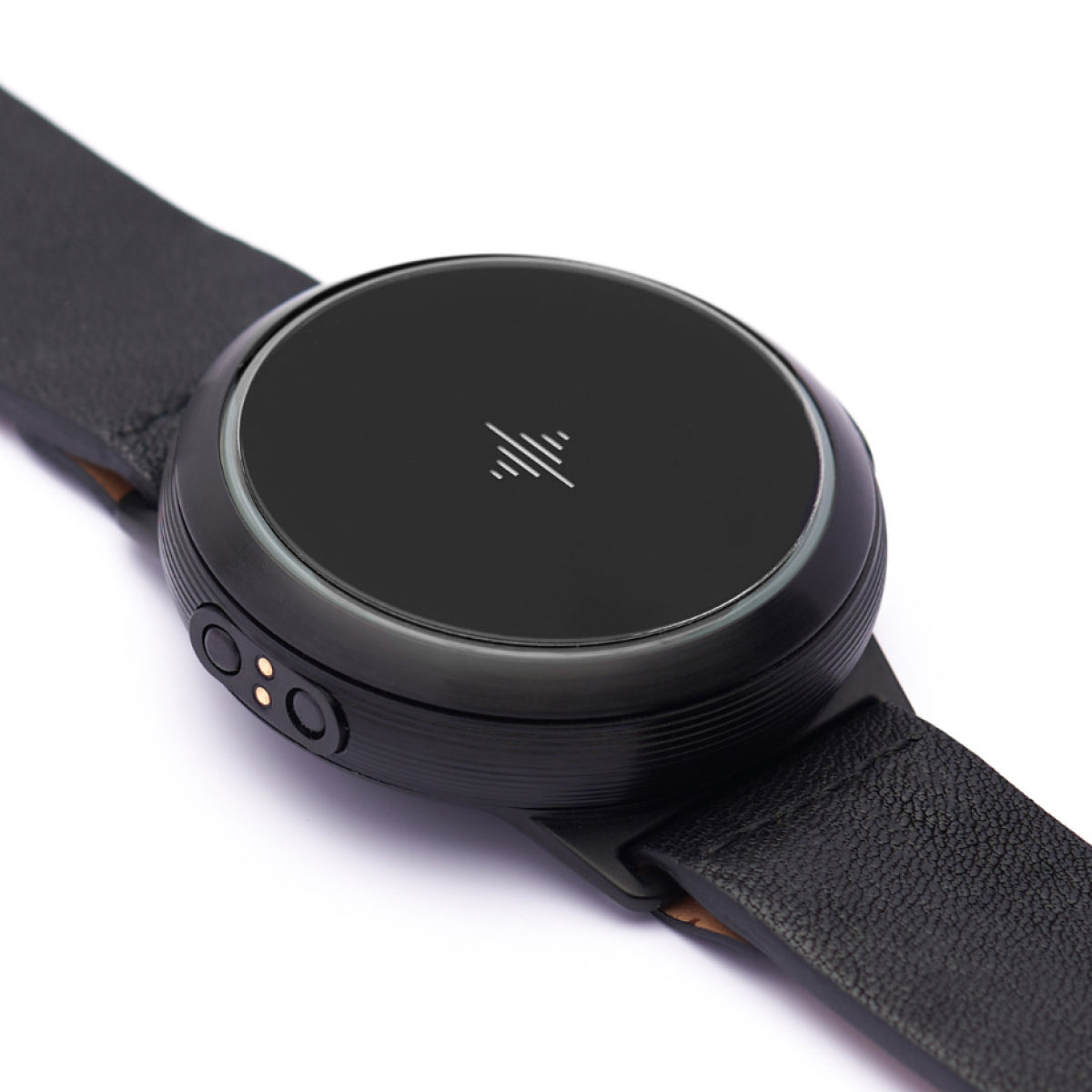 Black smartwatch with a leather strap on a white background