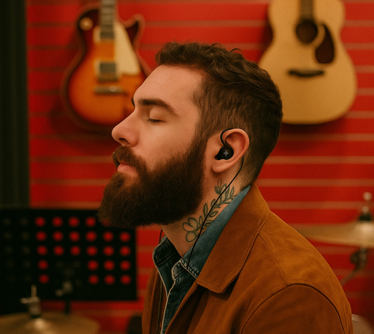 Bearded man wearing a black in-ear monitor in a music studio