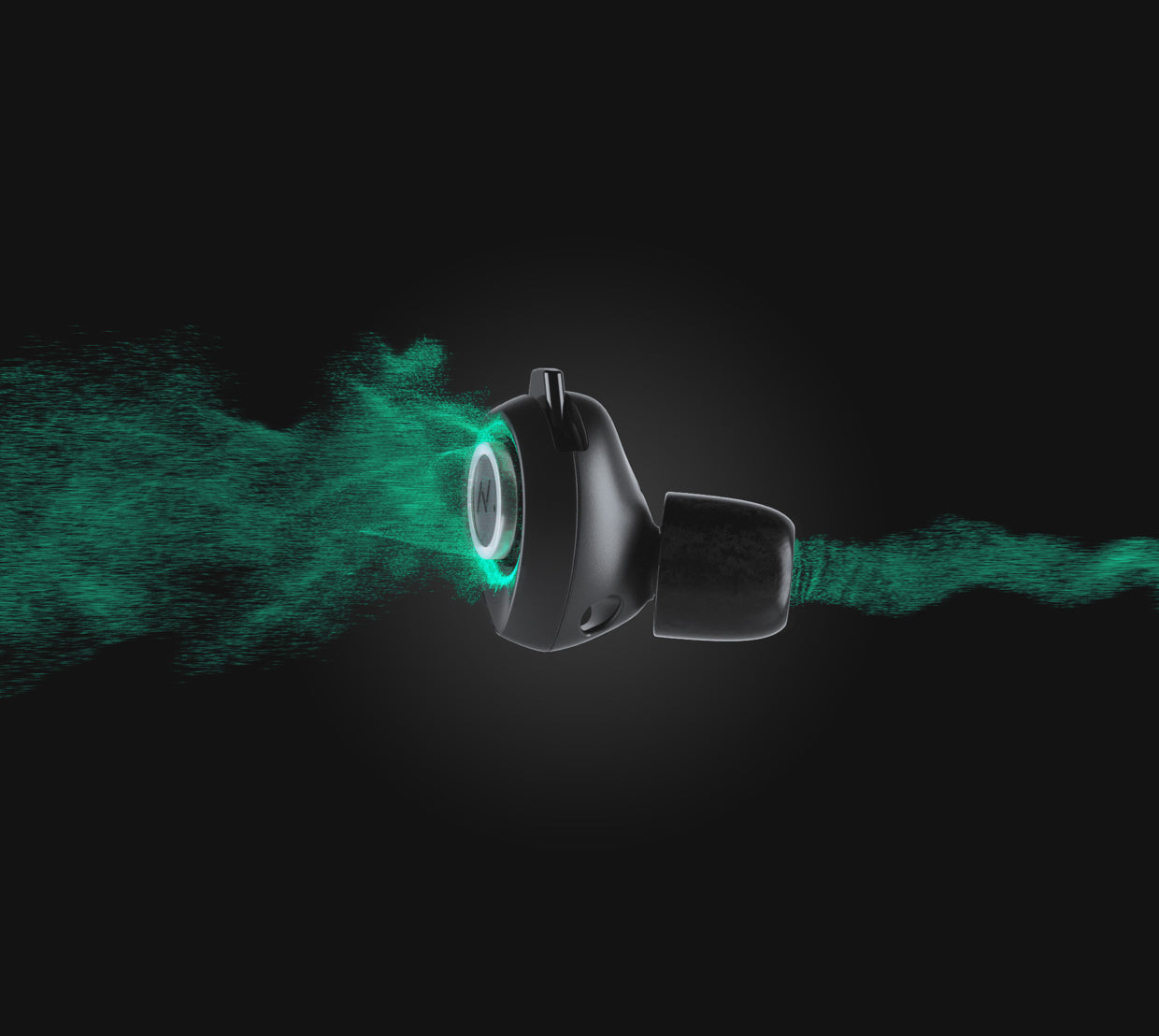 Black in-ear earbud with a green sound-wave graphic on a dark background