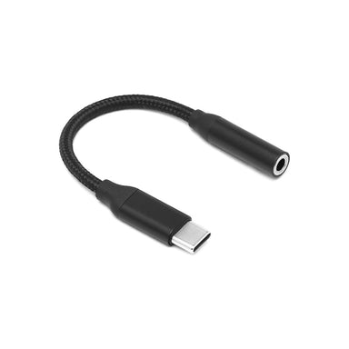 带编织线缆的黑色 USB-C 转 3.5mm 音频适配器