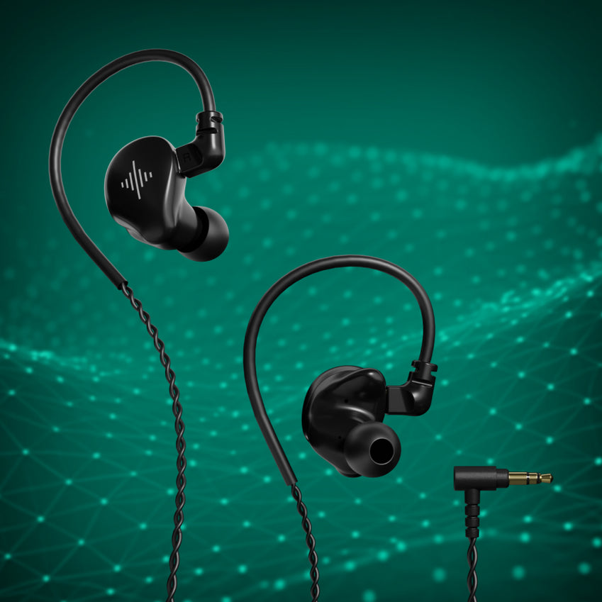 Pair of black wired in-ear monitors with ear hooks and a 3.5 mm audio plug