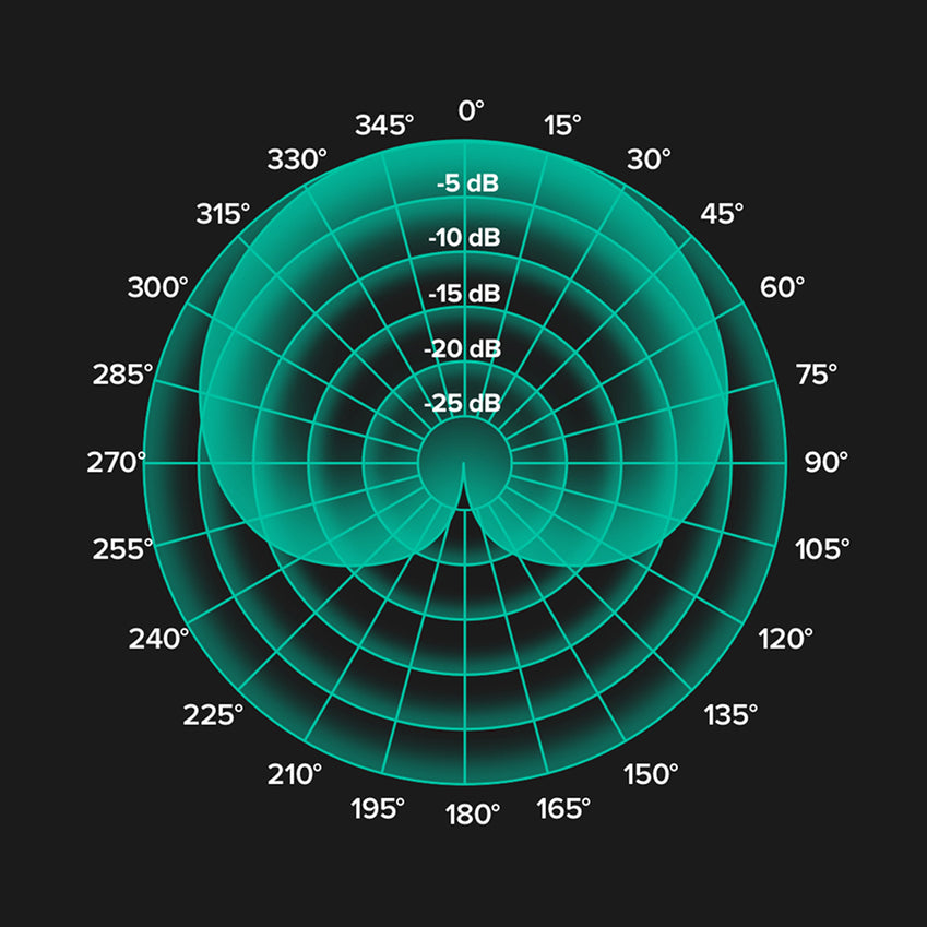 Teal circular polar chart with angle markings and decibel levels