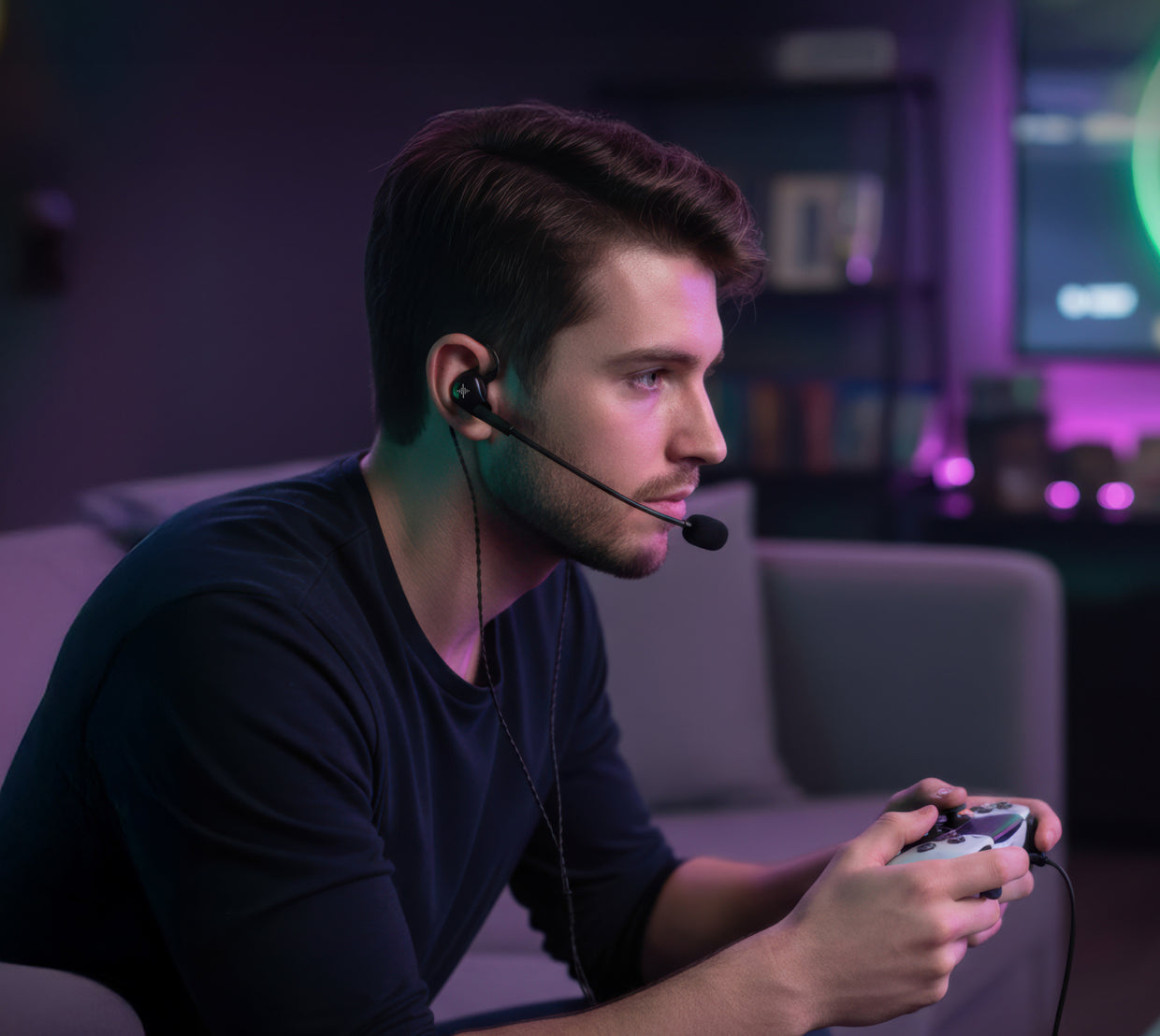 Gamer wearing a headset and holding a controller in a dimly lit room