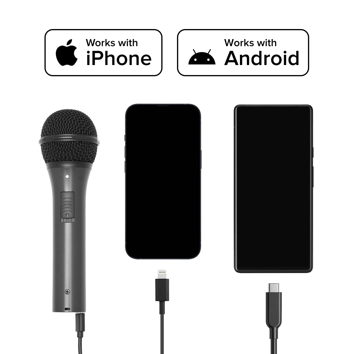 Flow 麦克风和 USB 转接头，旁边是两部分别标有 iPhone 和 Android 的智能手机