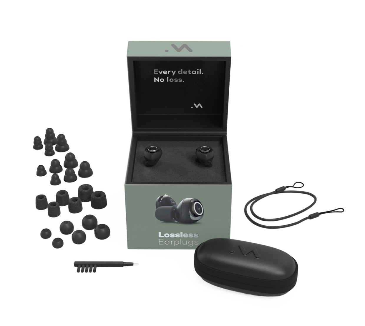 Minuendo earbuds with ear tips, charging case, cable, cleaning tool, and open presentation box