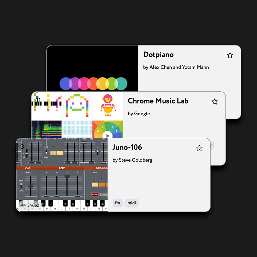 Overlapping music app cards for Dotpiano, Chrome Music Lab, and Juno-106