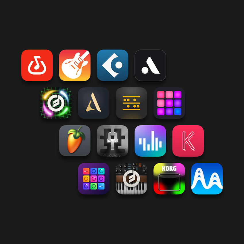 Collage of colorful music-making app icons on a dark background