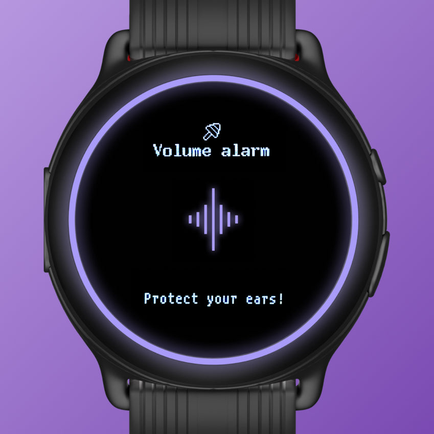 Black smartwatch displaying “Volume alarm” and “Protect your ears!”
