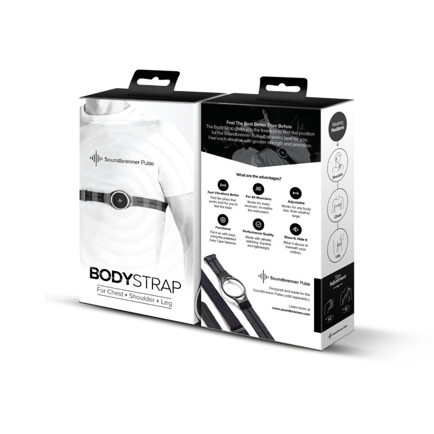 Soundbrenner BodyStrap 包装，展示适用于胸部、肩部和腿部的带子