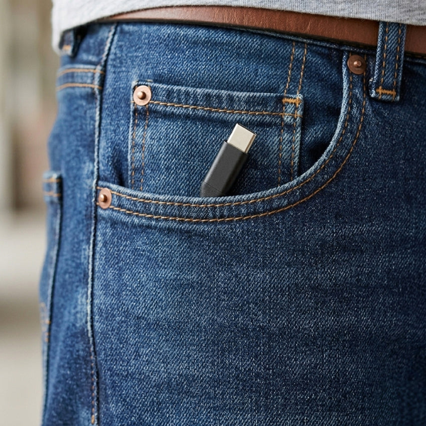 USB-C connector tucked into the front pocket of blue jeans