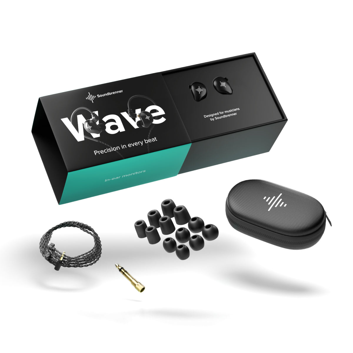 Wave 入耳式监听器、收纳盒、耳塞套、线缆、适配器和包装