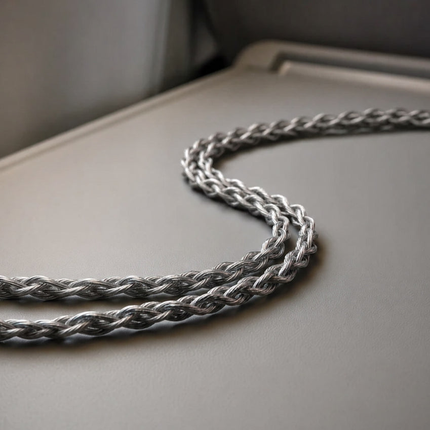 Close-up of the Wave Pro 2 braided cable on an airplane tray table