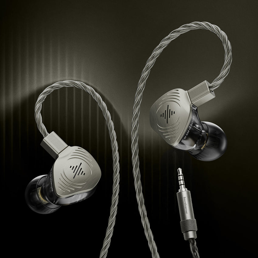 Pair of wired in-ear monitors with braided cables and a 3.5mm plug