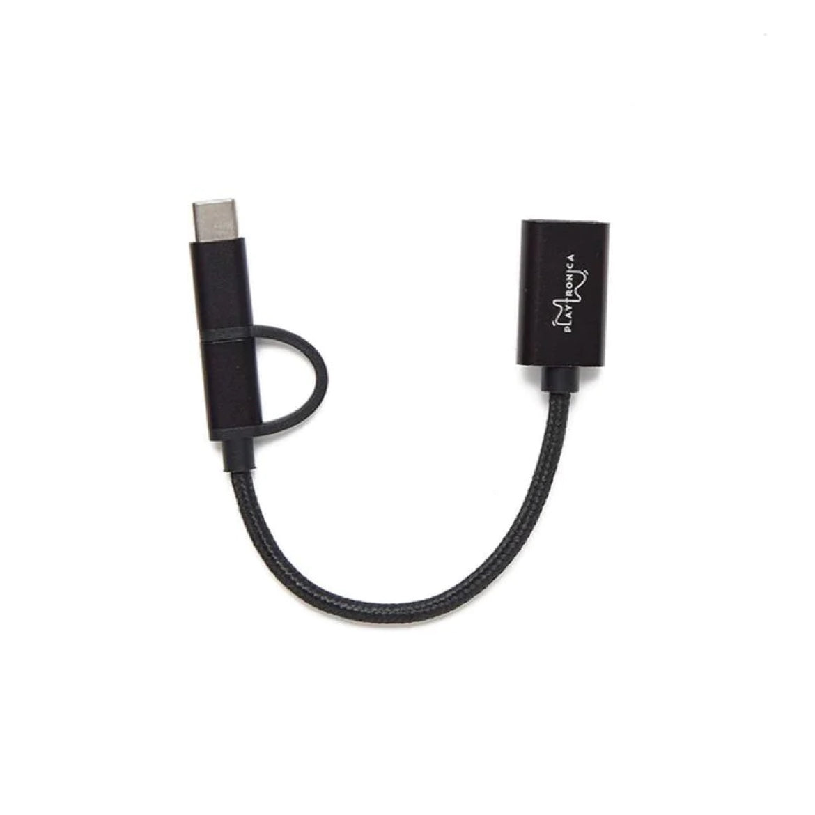 带有 Playtronica 品牌标识的黑色编织 USB-C 转接线