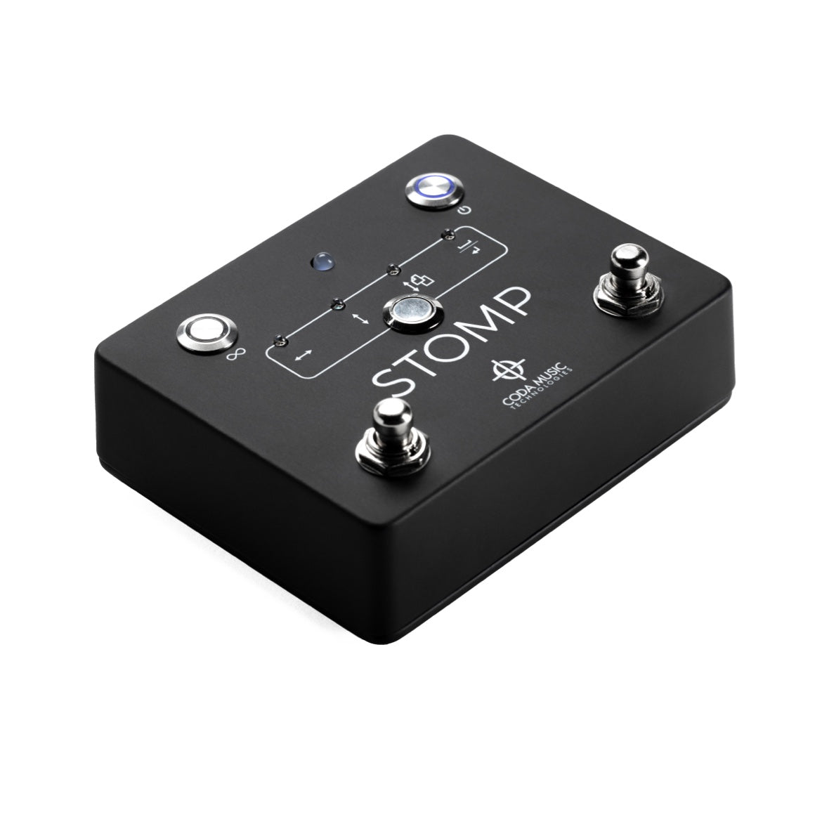倾斜展示的黑色 Soundbrenner Stomp 脚踏板