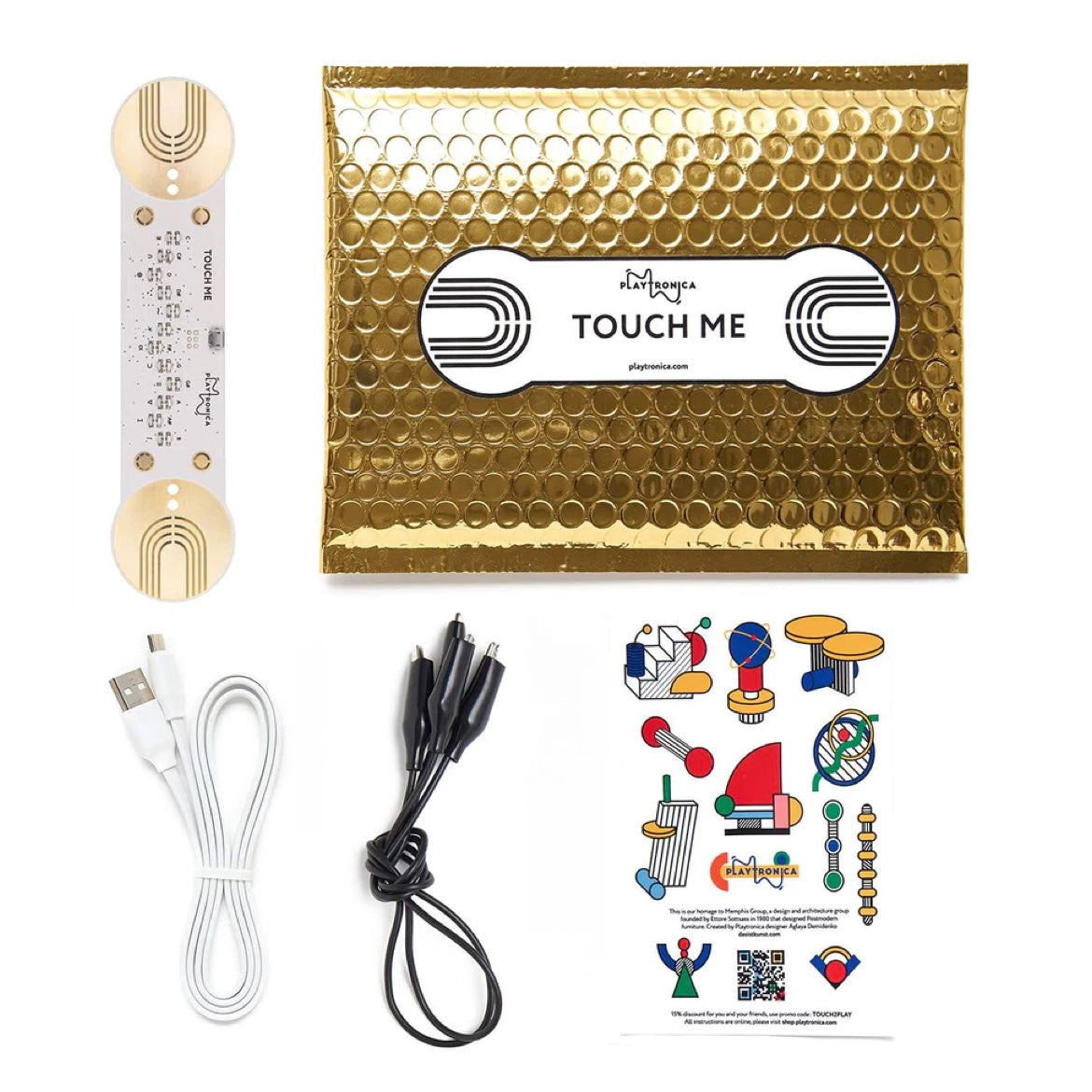 TouchMe MIDI 乐器套件，包含电路板、USB 线缆、夹子和包装
